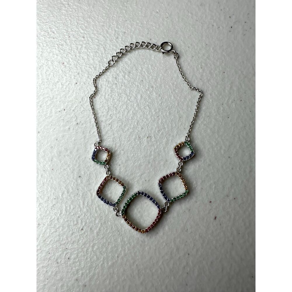 Sterling Silver Multi-Color Rainbow Crystal Diamond Shape Link Bracelet 925